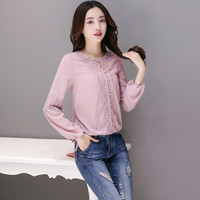 一塘晨秋装女2019新款优雅纯色圆领蕾丝拼接系带单排扣灯笼袖宽松淑女舒适雪纺衫 S81R0491SA26M 粉色M