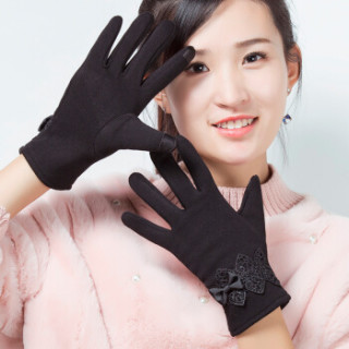百尚意特(BAISHANGYITE) 手套 女士冬季保暖麂皮绒触屏手套加绒骑车手套蕾丝蝴蝶结 黑色 均码两双
