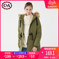 C&A抽绳收腰工装派克大衣女2019冬季中长款连帽棉服CA200222181-1