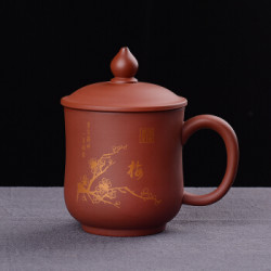 知尊 紫砂茶杯子大容量带盖主人杯办公茶杯家用水杯个人泡茶杯 梅(400mL)红色