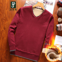 吉普盾 毛衣男装韩版休闲V领加绒打底衫男 酒红 L