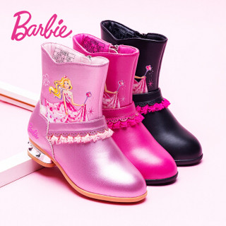 芭比 BARBIE 童鞋 女童靴子2019冬季新款加绒保暖长筒靴子公主时尚高跟皮靴 2816 粉色 31码