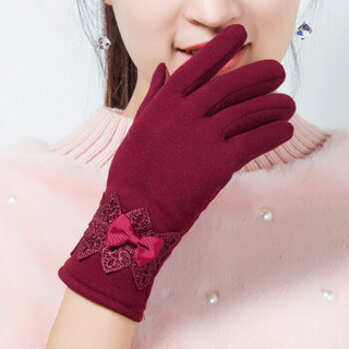 百尚意特（BAISHANGYITE） 手套 女士冬季保暖麂皮绒触屏手套加绒骑车手套蕾丝蝴蝶结 红色 均码两双