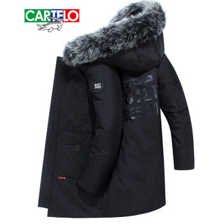 卡帝乐鳄鱼(CARTELO)羽绒服男中长款新品2019冬季保暖大毛领休闲加厚连帽外套 黑色 XL