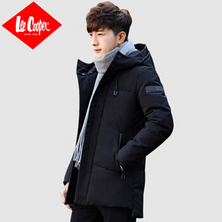 Lee Cooper 羽绒服男 中长款2019冬季新款韩版加厚修身鸭绒连帽外套潮 EB032 黑色 L