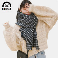 艾可娃 IKEWA WJ34围巾女士韩版冬季新款格子仿羊绒围巾学生百搭加厚保暖女士围脖 黑色
