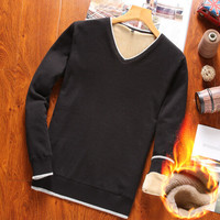 吉普盾 毛衣男装韩版休闲V领加绒打底衫男 黑色 3XL