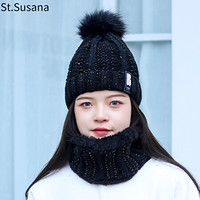 圣苏萨娜帽子女冬保暖韩版潮流学生加厚加绒围脖套帽脖套两件套针织毛线帽 SSN2525 黑色 均码