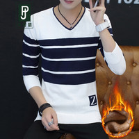 吉普盾 毛衣男装韩版修身休闲男士加绒毛衣 白蓝 M