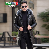 卡帝乐鳄鱼（CARTELO）羽绒服 男士潮流毛领连帽中长款皮衣羽绒服外套1616-1719黑色2XL