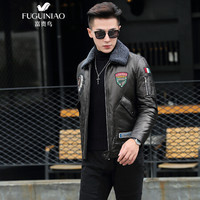 富贵鸟(FUGUINIAO)皮衣羽绒服男青年时尚保暖牛皮皮衣加厚外套男 黑色 XL