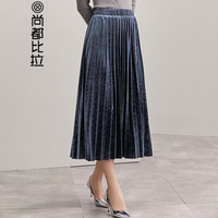 尚都比拉（Sentubila）纯色丝绒百褶半身裙松紧腰女士简约复古2019新品 193Q1626439 黛蓝色 M