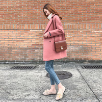 沫欣 2019秋冬新品女装流行大衣女冬小个子毛呢外套宽松加厚赫本呢子大衣 zx5440-8985MX 西瓜红 2XL