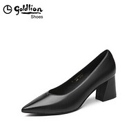 金利来（goldlion）女士简约粗高跟通勤风尖头浅口工作单鞋62083004601P-黑色-37码