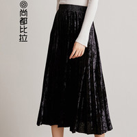 尚都比拉（Sentubila）纯色丝绒百褶半身裙松紧腰女士简约复古2019新品 193Q1626439 黑色 L