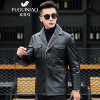富贵鸟 FUGUINIAO 真皮皮衣 男士韩版潮流夹克男装时尚休闲绵羊皮羊毛领外套男 18244FG2081 黑色 4XL
