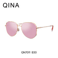 亓那QINA太阳镜女不规则多边形眼镜2019年新款透色墨镜QN7011 B30玫瑰金色框粉色片