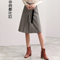 Sentubila 尚都比拉  拆卸腰带格子压褶A字半身裙女新品裙子复古通勤OL 183Q1421971 卡其格子 S