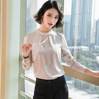 AUDDE 2019秋季新款女装新品长袖衬衫女时尚职业装女飘带立领衬衣白领工装工作服 cchXZ033 杏色衬衫 XXXL