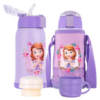 迪士尼（Disney）儿童保温杯带吸管男女学生水杯子316不锈钢水壶紫色苏菲亚600ml双盖皮质杯套