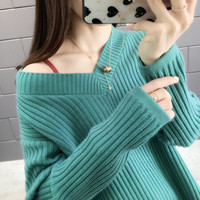 AUDDE 2019秋季新款女装新品针织衫女韩版V领套头纯色竖条前短后长针织衫宽松毛衣 MMHS11948 绿色 均码