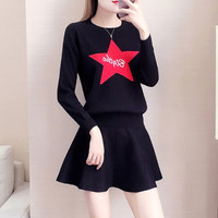 Markentsee 2019秋装新品针织衫女装时尚套装韩版撞色五角星毛衣裙子针织两件套装裙 ZXALXC008 黑+黑套装 S