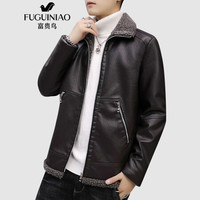 富贵鸟(FUGUINIAO)加绒皮衣男2019新款秋冬季修身翻领皮衣外套男韩版潮流皮夹克 咖啡 4XL