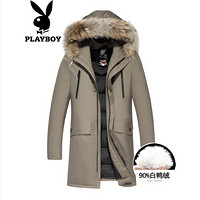 花花公子（PLAYBOY）羽绒服男外套2019冬季新款连帽保暖上衣中长款时尚大毛领男装 卡其 XL/180