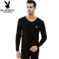 花花公子 PLAYBOY 男士保暖内衣 薄款纯棉秋衣秋裤大红本命年圆领秋衣男棉毛衫 男(V领)黑色 L