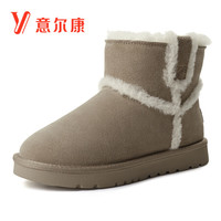意尔康女鞋时尚韩版加绒雪地靴女平底保暖棉靴女 9763ZM49366W 浅黄 38