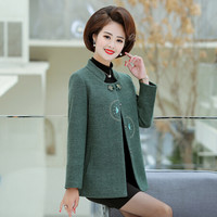 沫欣 毛呢大衣女2019秋冬新品中老年妈妈装大码宽松气质刺绣休闲毛呢外套 WLPALM020 深绿色 XL