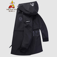 稻草人(MEXICAN)风衣男中长款2019秋冬新款衣服男时尚英伦大衣男修身百搭韩版连帽夹克男装外套 黑色 M