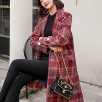 JOY OF JOY 2019冬季新款女装格子大衣女中长款韩版流行宽松大码赫本风毛呢外套 JWDY199744 红色 L