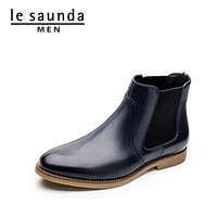 莱尔斯丹 le saunda 商场同款时尚休闲圆头套脚低跟高帮鞋男短靴 LS 9TM8570 深蓝色 41