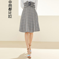 尚都比拉（Sentubila）高腰复古格纹半身裙2019新品简约通勤 191Q1423102 杏色格子 L