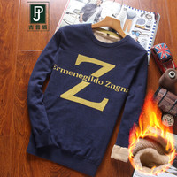 吉普盾 加绒毛衣男士百搭圆领印花毛衣 蓝色 XL