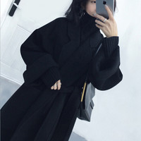 JOY OF JOY 2019冬季新款女装黑色长款过膝毛呢外套女韩国双面系带毛呢大衣 JWDY199747 黑色 M