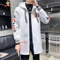 稻草人(MEXICAN)风衣男2019年冬季新款韩版休闲印花中长款连帽外套保暖夹克男装 白色 3XL