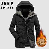 吉普JEEP 棉衣男2019秋冬季新品保暖棉服连帽男士加绒加厚中长款男装外套 XYL001 黑绿 L