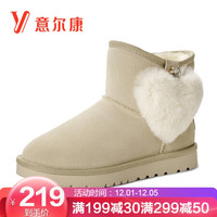 意尔康女鞋舒适雪地靴短筒学院风爱心加绒棉靴女 9763ZM49263W 米白 35