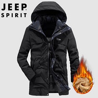 吉普JEEP 棉衣男2019秋冬季新品保暖棉服连帽男士加绒加厚中长款男装外套 XYL001 黑灰 XL