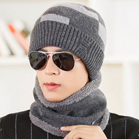 MAXVIVI冬季保暖男士围脖毛线帽子两件套 韩版加绒加厚针织帽情侣套头毛线帽子套装MMZ843005 灰色