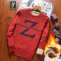 吉普盾 加绒毛衣男士百搭圆领印花毛衣 红色 M