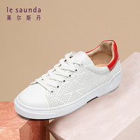 莱尔斯丹 时尚休闲运动户外圆头镂空拼色系带平底小白鞋LS AM48001 白色+红色 37