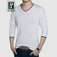 吉普盾男士2019秋季新款长袖T恤针织衫套头V领鸡心领打底衫休闲男装薄款毛衣 白色 3XL