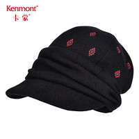 卡蒙 （Kenmont） km-5023 全羊毛刺绣鸭舌帽女适合脸大复古八角贝雷帽英伦复古呢帽 黑色 可调节(57.5cm)