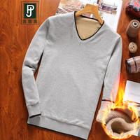 吉普盾 毛衣男装韩版休闲V领加绒打底衫男 浅灰 2XL