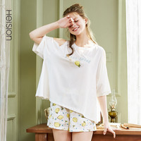 HEISION 海之宁 睡衣女夏天纯棉薄款露肩短袖衣裤家居服两件套装全棉圆领宽松显瘦甜美可外穿春夏款居家服 白柠檬 M码