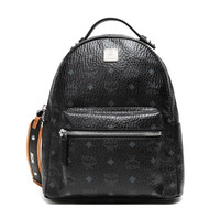 MCM 男女中性Stark Visetos系列黑色LOGO图案涂层帆布双肩包 MMK9SVE74BK001