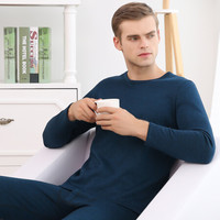 港莎保暖内衣男加绒加厚 圆领德绒纤维中老年保暖内衣男套装 男款-宝蓝 XXXL